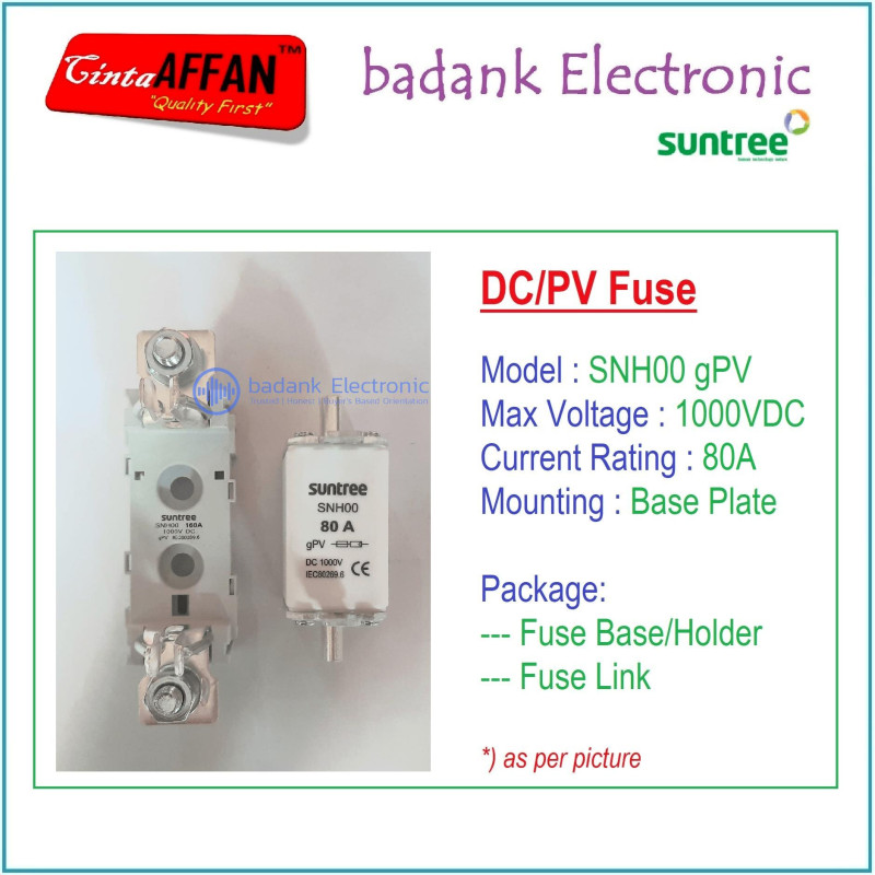 80A - SUNTREE SNH00 gPV 1P 1000V DC Fuse Base/Holder  Fuse Link PV